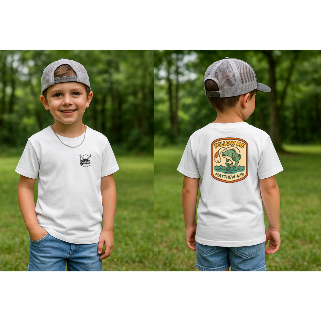 Follow Me – Matthew 4:19 Kids Fishing Tee