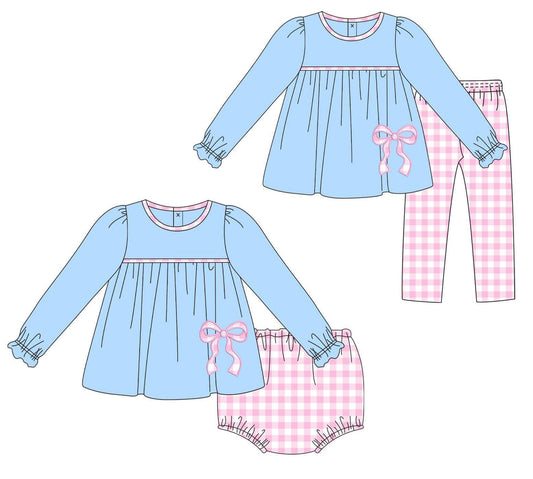Sweet Bow & Gingham Girls Set – Blue & Pink