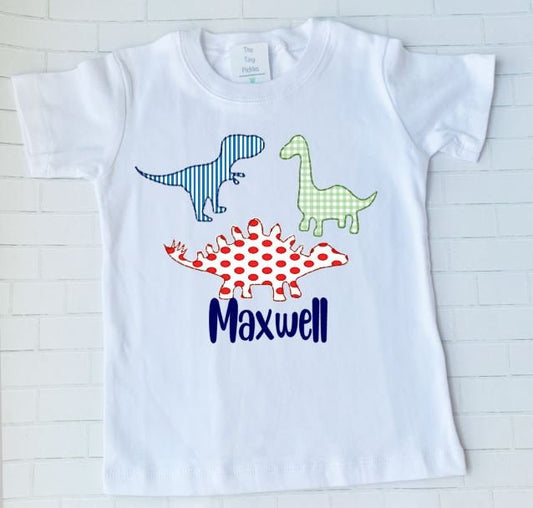 Dinosaur Trio, Faux Applique, Boy/Sibling/Monogram/Ruffle/Baby/Kid/Toddler/Children/Shirt/Onesie/Bubble/Gown/Romper