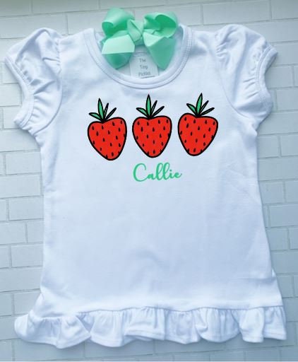 strawberry Trio, Girl Every Day Shirt/Sibling/Monogram/Ruffle/Baby/Kid/Toddler/Children/Shirt/Onesie/Bubble/Gown/Romper