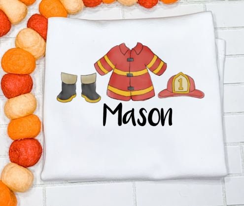 Firefighter Trio, Firefighter hat and boots, Watercolor /Sibling/Monogram/Ruffle/Baby/Kid/Toddler/Children/Shirt/Onesie/Bubble/Gown/Romper