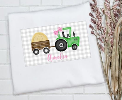 Tractor pulling hay, Hay bells, Tractor, Fall outfit/Sibling/Monogram/Ruffle/Baby/Kid/Toddler/Children/Shirt/Onesie/Bubble/Gown/Romper
