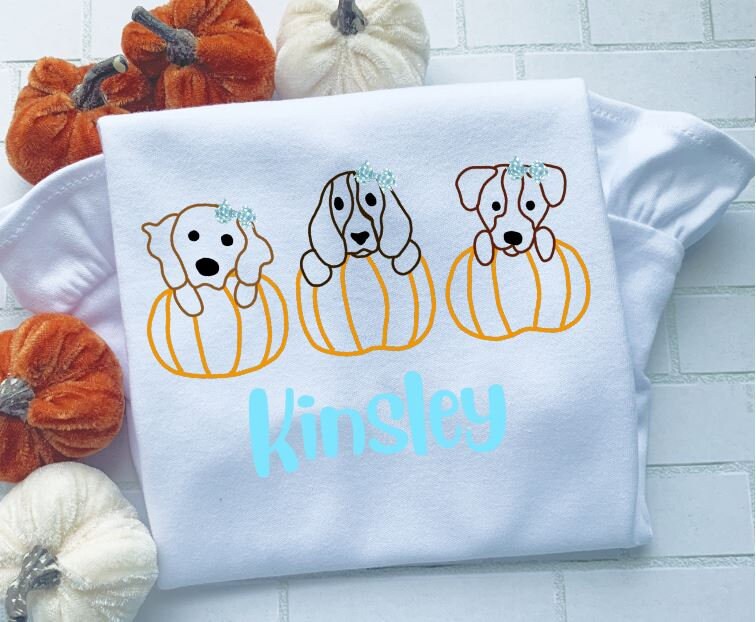 Dog and Pumpkin Trio,Pumpkin Trio, Watercolor, Fall/Sibling/Monogram/Ruffle/Baby/Kid/Toddler/Children/Shirt/Onesie/Bubble/Gown/Romper