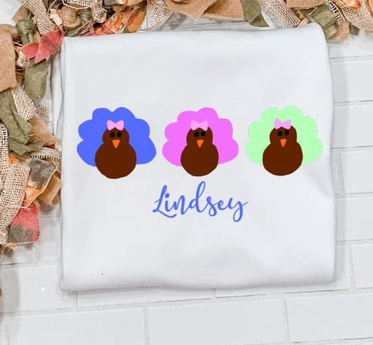 Thanksgiving Trio/ Turkey with bow/Watercolor Trio/Sibling/Monogram/Ruffle/Baby/Kid/Toddler/Children/Shirt/Onesie/Bubble/Gown/Romper