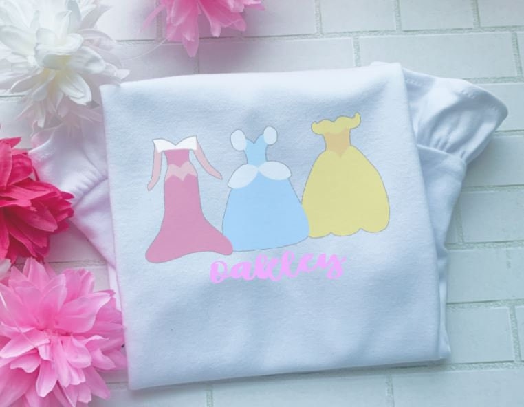 Princess Trio, Girl,Cinderella, Sleeping Beauty, Belle/Sibling/Monogram/Ruffle/Baby/Kid/Toddler/Children/Shirt/Onesie/Bubble/Gown/Romper