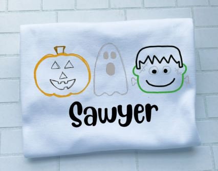 Halloween Trio, Pumpkin, Ghost, Frankenstein/Sibling/Monogram/Ruffle/Baby/Kid/Toddler/Children/Shirt/Onesie/Bubble/Gown/Romper