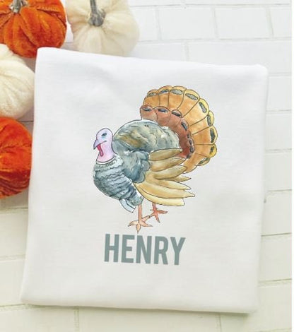 Turkey Watercolor Tee, Thanksgiving Shirt,/Sibling/Monogram/Ruffle/Baby/Kid/Toddler/Children/Shirt/Onesie/Bubble/Gown/Romper