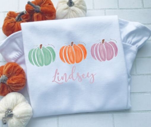 Pumpkin Trio, Watercolor, Fall outfit/Sibling/Monogram/Ruffle/Baby/Kid/Toddler/Children/Shirt/Onesie/Bubble/Gown/Romper