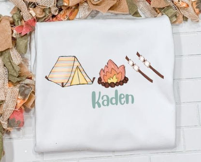 Camping Trio, Fire, Smores, Camp Fire, Sketch Trio/Sibling/Monogram/Ruffle/Baby/Kid/Toddler/Children/Shirt/Onesie/Bubble/Gown/Romper