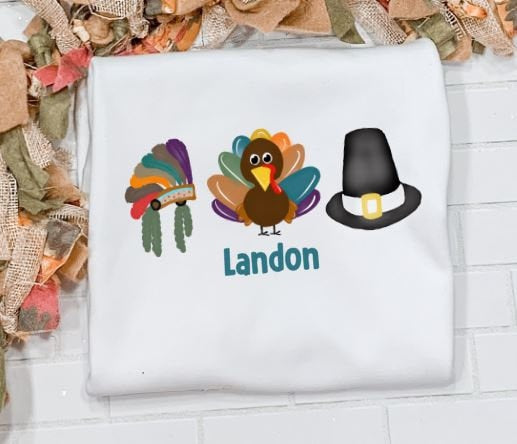 Thanksgiving Trio, Turkey, pilgrim, Indian, Watercolor /Sibling/Monogram/Ruffle/Baby/Kid/Toddler/Children/Shirt/Onesie/Bubble/Gown/Romper