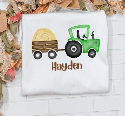 Tractor pulling hay, Fall outfit, Hay bells/Sibling/Monogram/Ruffle/Baby/Kid/Toddler/Children/Shirt/Onesie/Bubble/Gown/Romper