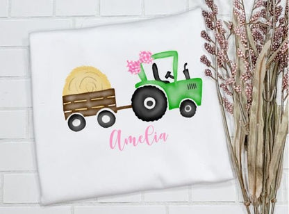 Tractor pulling hay, Fall outfit, Hay bells, Tractor/Sibling/Monogram/Ruffle/Baby/Kid/Toddler/Children/Shirt/Onesie/Bubble/Gown/Romper