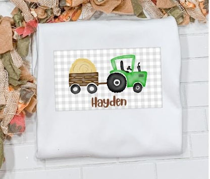 Tractor pulling hay, Hay bells, Tractor, Fall outfit/Sibling/Monogram/Ruffle/Baby/Kid/Toddler/Children/Shirt/Onesie/Bubble/Gown/Romper