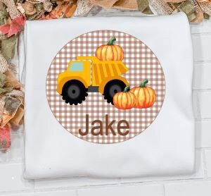 Boys Dump Truck Pumpkin Tee, Fall Shirt/Sibling/Monogram/Ruffle/Baby/Kid/Toddler/Children/Shirt/Onesie/Bubble/Gown/Romper