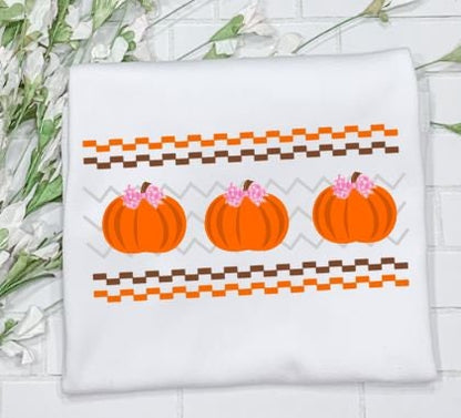 Pumpkin Faux Smock, pumpkin with bow, Fall Shirt/Sibling/Monogram/Ruffle/Baby/Kid/Toddler/Children/Shirt/Onesie/Bubble/Gown/Romper