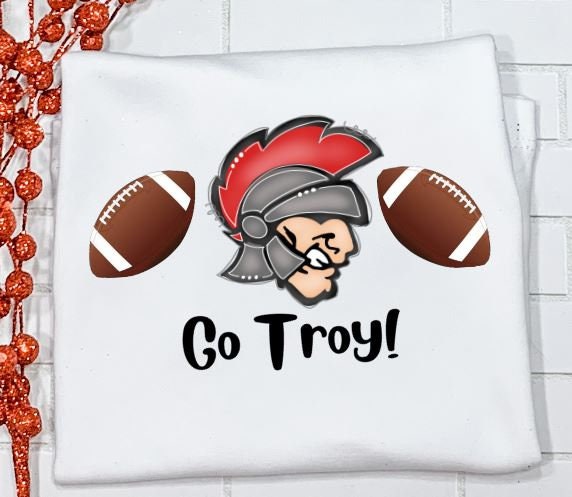 Trogan and football trio/Troy University/Go troy/Mascot/Sibling/Monogram/Ruffle/Baby/Kid/Toddler/Children/Shirt/Onesie/Bubble/Gown/Romper