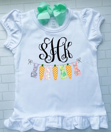 Girl Easter Outfit/Bunny Shirt/ Initials/bunny and carrot/Sibling/Monogram/Ruffle/Baby/Kid/Toddler/Children/Shirt/Onesie/Bubble/Gown/Romper