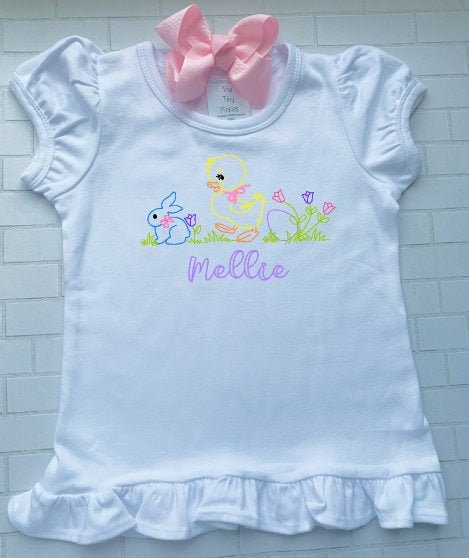 vintage Easter Outfit/Bunny Shirt/Initials/bunny/chick/egg/Sibling/Monogram/Ruffle/Baby/Kid/Toddler/Children/Shirt/Onesie/Bubble/Gown/Romper