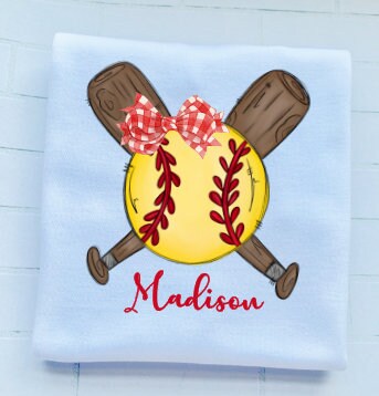 Softball Shirt/Gingham Bow/ Softball and bats/monogram/Sibling/Ruffle/Baby/Kid/Toddler/Children/Shirt/Onesie/Bubble/Gown/Romper