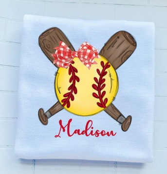 Softball Shirt/Gingham Bow/ Softball and bats/monogram/Sibling/Ruffle/Baby/Kid/Toddler/Children/Shirt/Onesie/Bubble/Gown/Romper