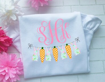 Girl Easter Outfit/Bunny Shirt/ Initials/bunny and carrot/Sibling/Monogram/Ruffle/Baby/Kid/Toddler/Children/Shirt/Onesie/Bubble/Gown/Romper