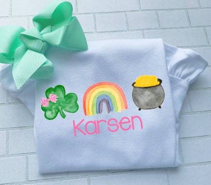 St. Patty Day Shirt/Patrick/four leaf clover/rainbow/gold//Sibling/Monogram/Ruffle/Baby/Kid/Toddler/Children/Shirt/Onesie/Bubble/Gown/Romper