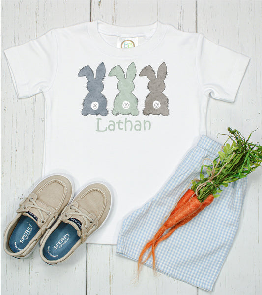 Bunny Trio/EASTER/Bunny Shirt/Initials/bunny/chick/egg/Sibling/Monogram/Ruffle/Baby/Kid/Toddler/Children/Shirt/Onesie/Bubble/Gown/Romper