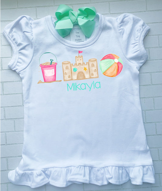 Beach Trio/ Watercolor / Sandcastle/ Summer /Sibling/Monogram/Ruffle/Baby/Kid/Toddler/Children/Shirt/Onesie/Bubble/Gown/Romper