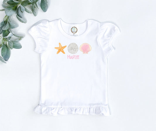 Beach Trio/ Seashell Trio/ Starfish/ Girl Summer Shirt /Sibling/Monogram/Ruffle/Baby/Kid/Toddler/Children/Shirt/Onesie/Bubble/Gown/Romper