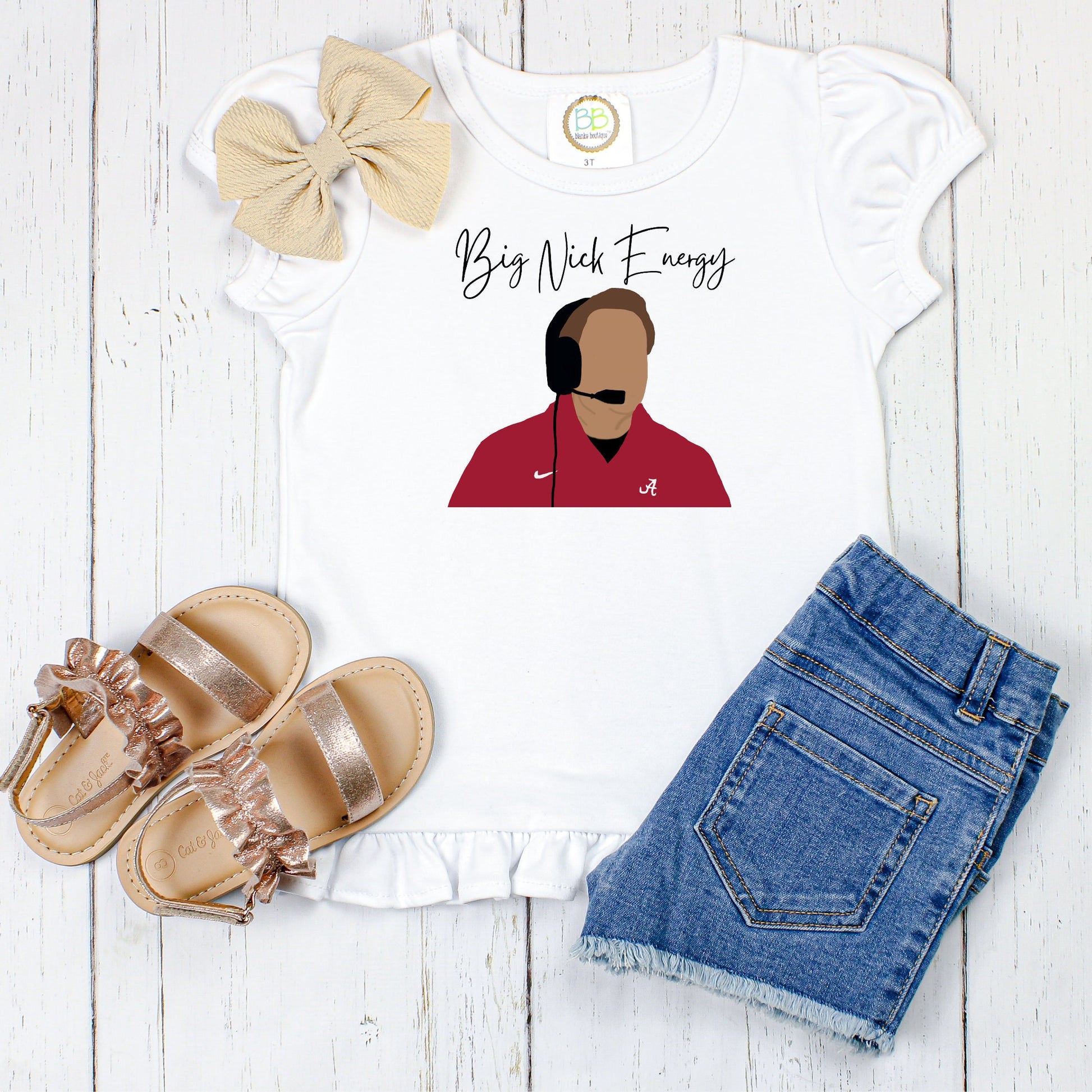 Big Nick Energy/ Alabama/ Roll Tide SEC Football/Sibling/Monogram/Ruffle/Baby/Kid/Toddler/Children/Shirt/Onesie/Bubble/Gown/Romper