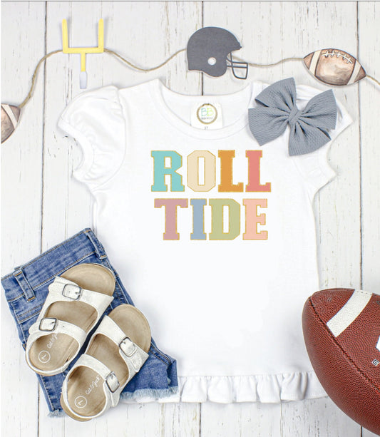 Roll Tide Faux Patch Letters/ Alabama/ SEC Football/Sibling/Monogram/Ruffle/Baby/Kid/Toddler/Children/Shirt/Onesie/Bubble/Gown/Romper